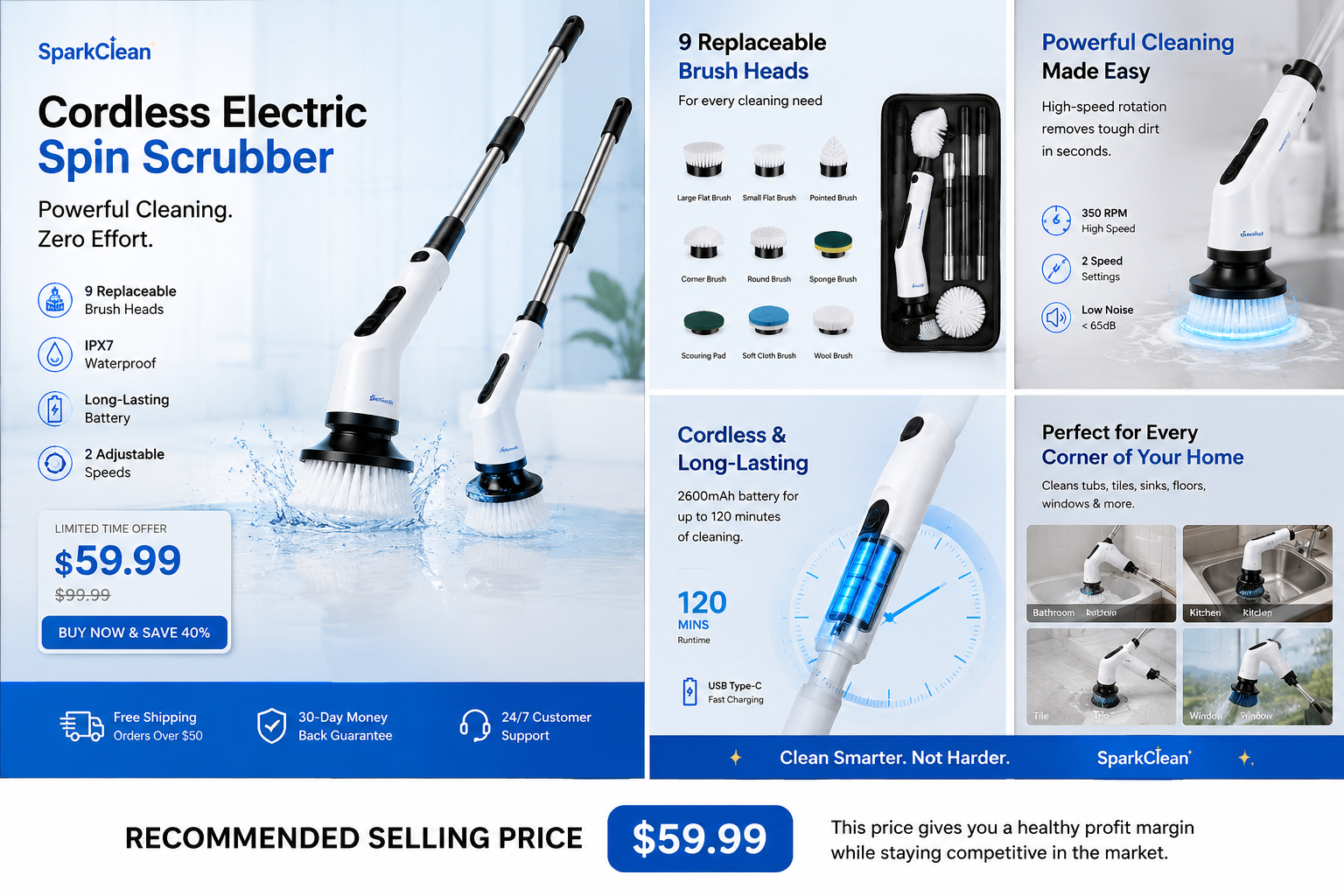 SparkClean Cordless Electric Spin Scrubber